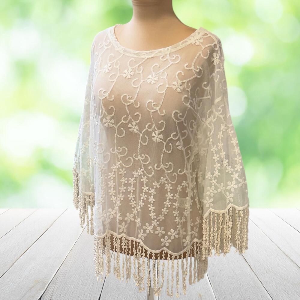 DYLAN Anthropologie Embroidered Mesh Top Lace Fringe Sheer Kimono Sleeve Size M